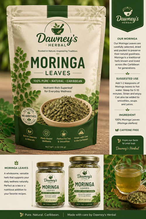 Dawney's Herbal Moringa Leaves packaging mockup showing pouch and glass jars