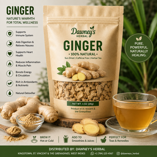 Dawney's Herbal Ginger 100% Natural 1oz bag with fresh ginger root and a cup of ginger tea