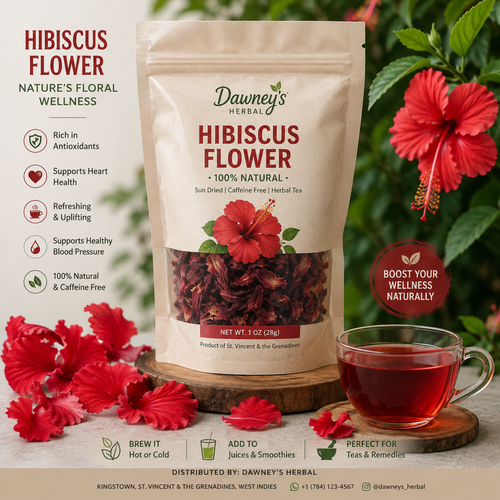 Dawney's Herbal Hibiscus Flower 1oz bag with hibiscus flowers and a cup of hibiscus tea