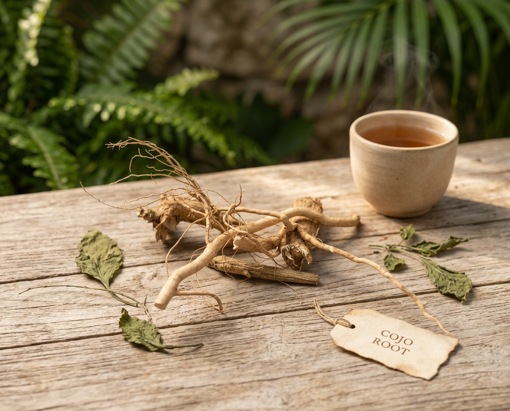 Cojo Root arranged on rustic wood with a cup of herbal tea and tropical greenery
