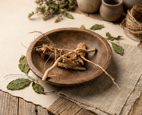 Cojo Root (Petiveria alliacea) wild-harvested from St. Vincent in a wooden bowl