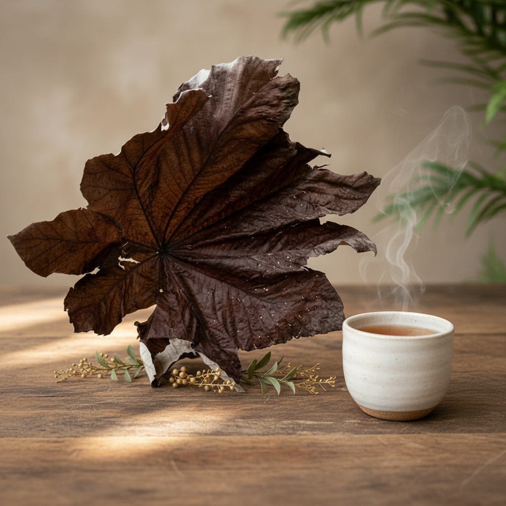 Dried Cecropia peltata Trumpet Bush leaves on rustic wood with a cup of herbal tea