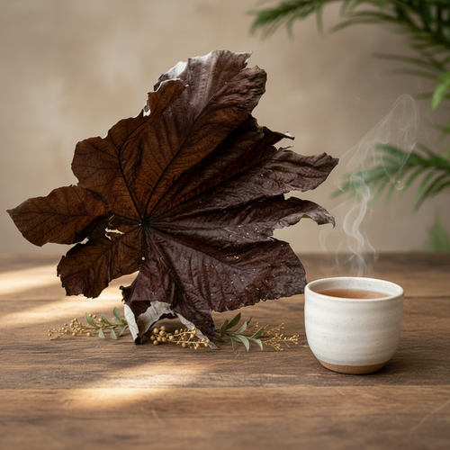 Dried Cecropia peltata Trumpet Bush leaves on rustic wood with a cup of herbal tea