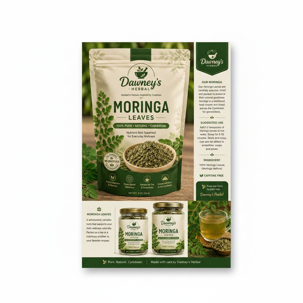 Dawney's Herbal Moringa Leaves packaging mockup with padding