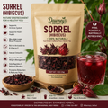 Dawney's Herbal Sorrel (Hibiscus) 100% Natural 1oz bag with dried sorrel calyces and a glass of deep red sorrel drink